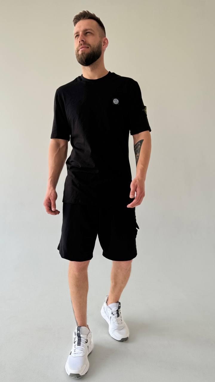 Чоловічий літній костюм Футболка + Шорти + Шкарпетки в подарунок Stone Island чорний із патчем Стон Айленд