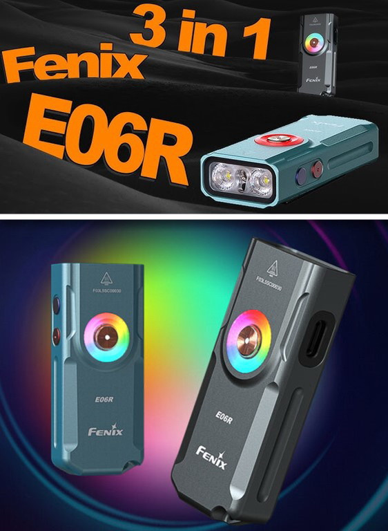 Наключний ліхтар FENIX E06R з УФ-світлом і Червоним лазером (700LM, 750 mAh, USB-C, RGB, IP66, 110 м, 60 год)