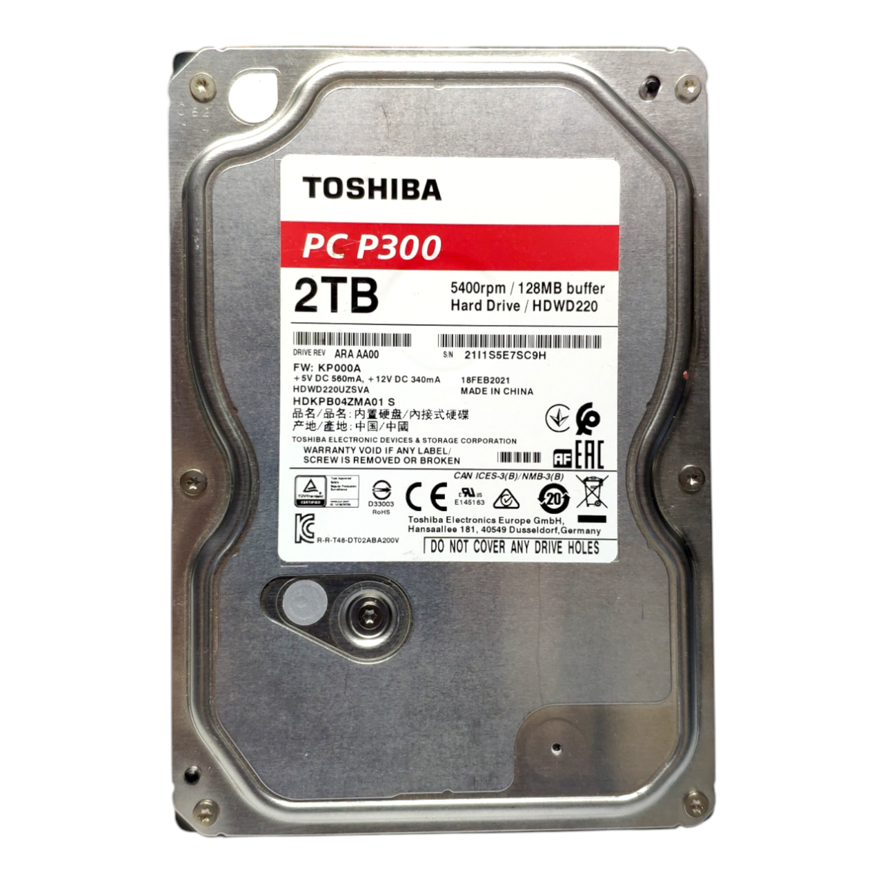 Жорсткий диск HDD 2TB 5400rpm 128MB SATA III 3.5 Toshiba P300 HDWD220UZSVA 7SC9H, фото 1