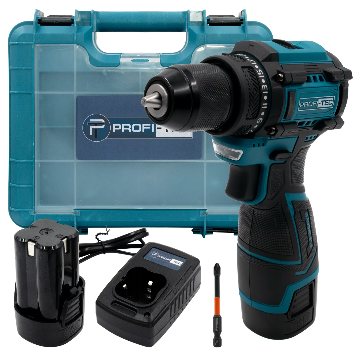 Потужний акумуляторний шуруповерт PROFI-TEC PCD35168BL : з АКБ 2шт-16.8V 2.0 Ah, 35 Нм, набір головок