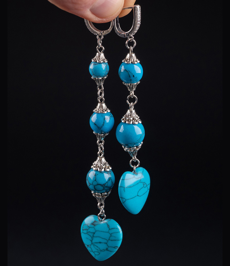 Сережки-підвіски з натурального каменю говлит (бірюза), авторської роботи., фото 1