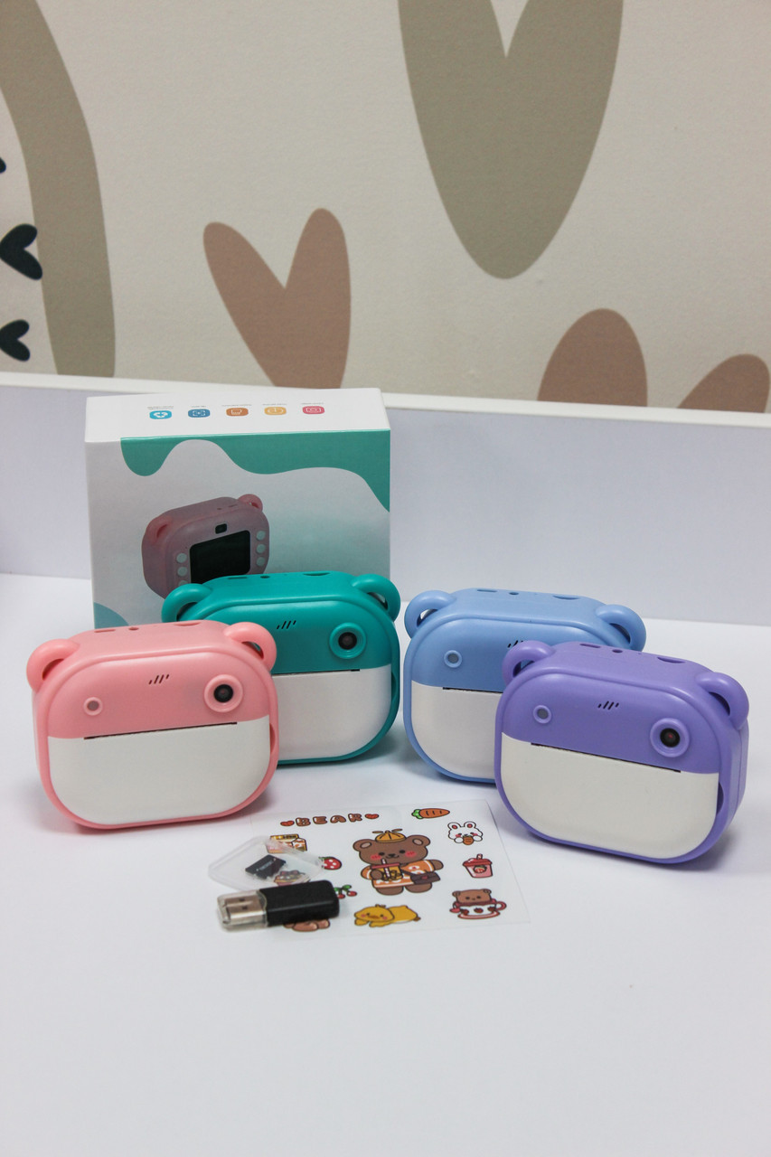 Дитячий фотоапарат принтер з вушками 66631, рожевий, фото 1
