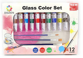 Фарби для скла та кераміки 12 кольорів по 12 мл акрилові 3 пензлики Dozen