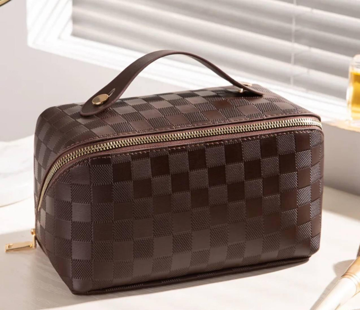 Косметичка на блискавці зі штучної шкіри, дорожня, коричнева 4945274, фото 1