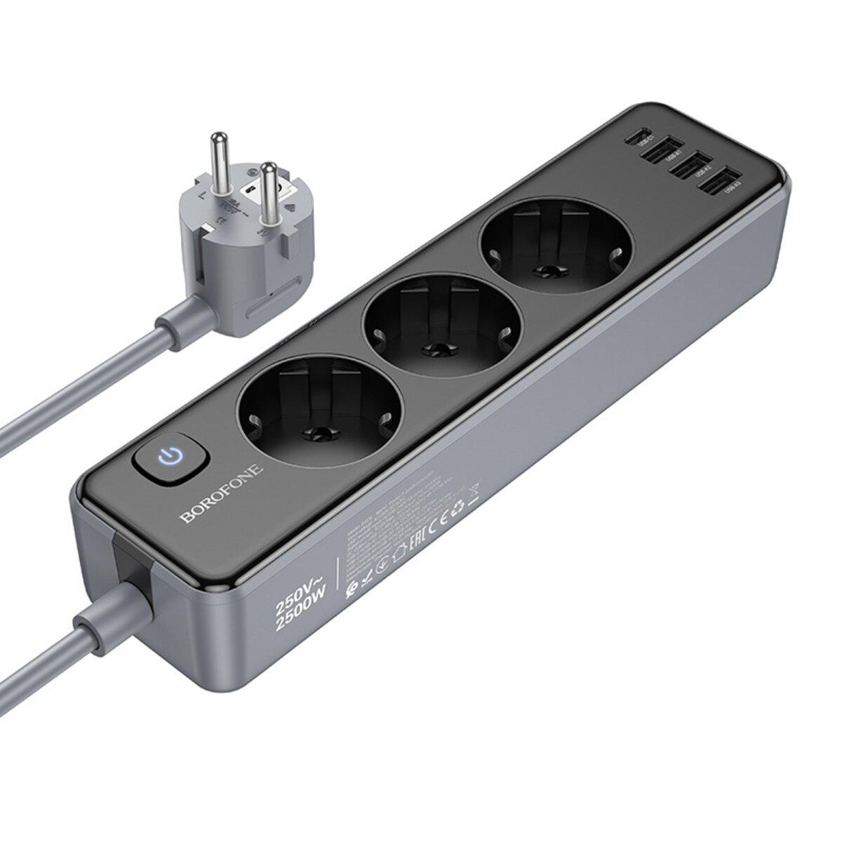 Мережевий подовжувач BOROFONE BAC8 Power 3-position socket(1C3A)(EU/GER)(L=2M) Black