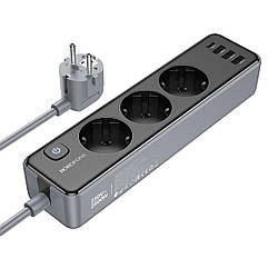 Мережевий подовжувач BOROFONE BAC8 Power 3-position socket(1C3A)(EU/GER)(L=2M) Black