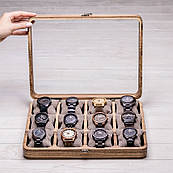 Дерев'яна цільна скринька для 12 годинників зі скляною кришкою с логотипом Подарунки із дерева