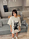 Футболка довга оверсайз тай дай "потерта" варенка бежева принт собака з пістолетом, фото 8