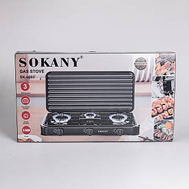Настільна газова плита на 3 конфорки міні газова плита для балонного газу Чорна Sokany
