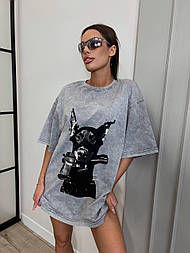 Футболка довга оверсайз тай дай "потерта" варенка бежева принт собака з пістолетом