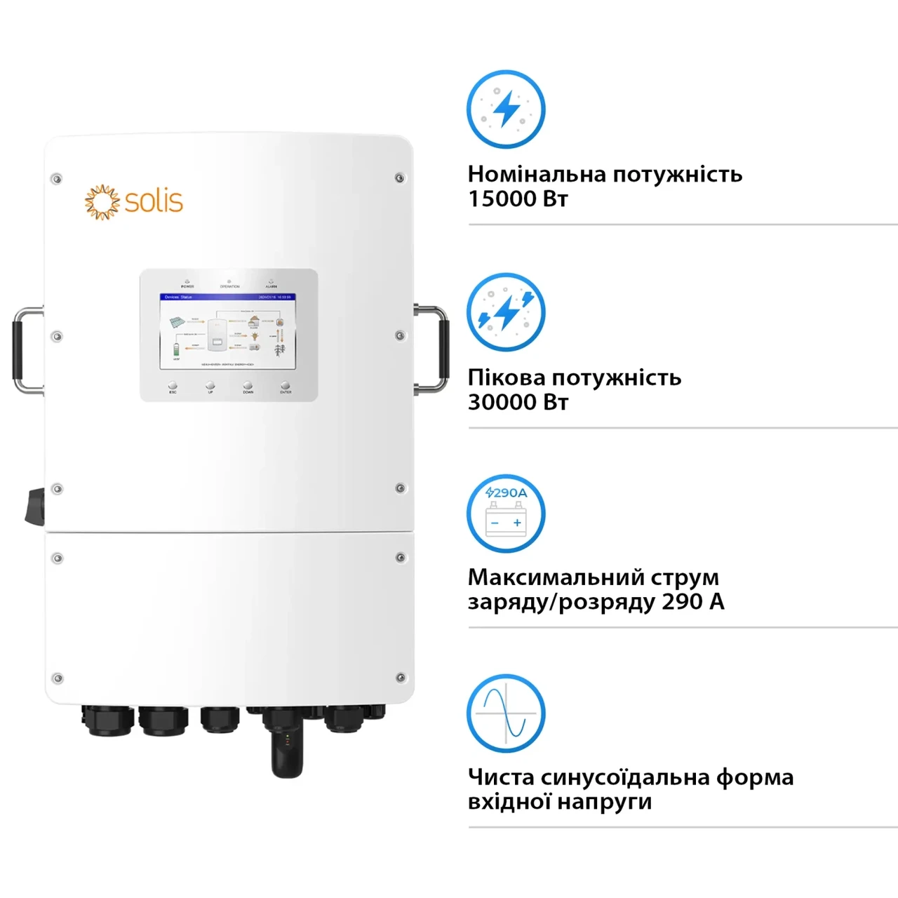 Гібридний інвертор Solis S6-EH3P15K-L 15 кВт 48V 2 MPPT Wi-Fi 380V, трифазний