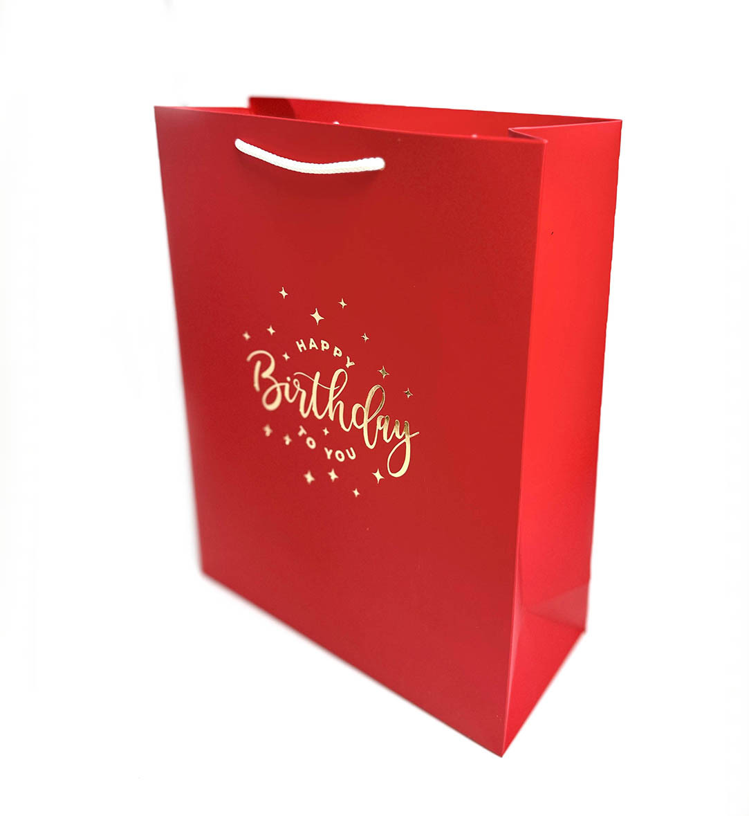 Пакет подарунковий червоний з тисненням золотом "Happy Birthday"  24*20*9 см