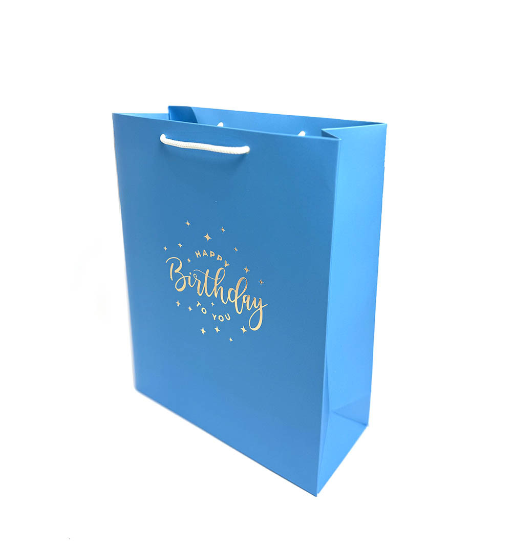 Пакет подарунковий блакитний з тисненням золотом "Happy Birthday"  240×100×300