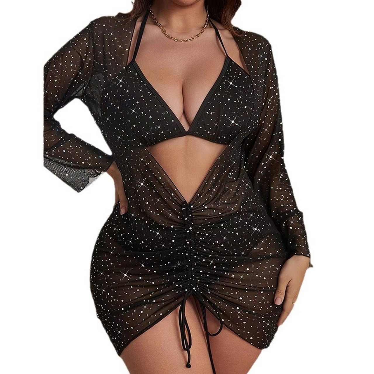 Купальник жіночий роздільний 52р чорний у білу точку з тунікою-сукня, фото 1