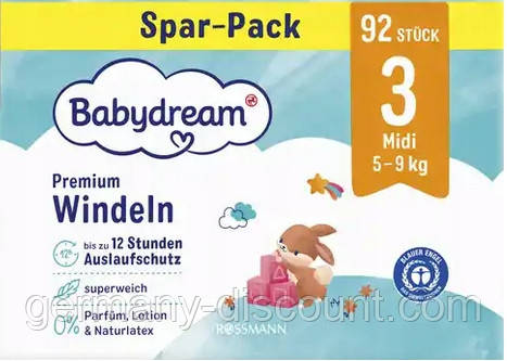 Дитячі одноразові підгузники Babydream Premium 3 Midi (5-9) кг 92 шт