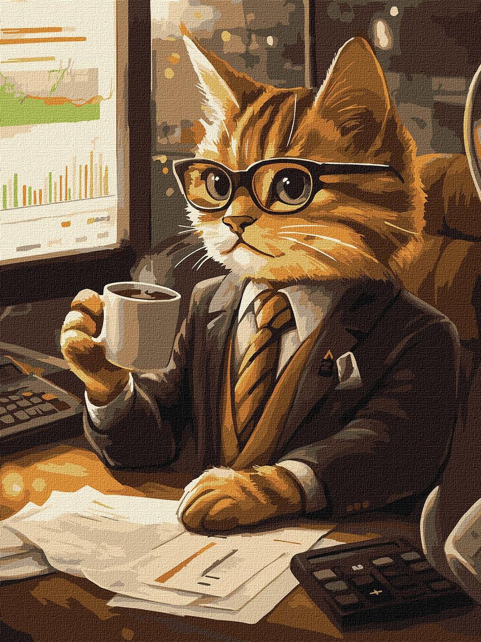 Картина за номерами Тварини. Працюючий котик 30*40 см Ідейка KHO 6682 exp, фото 1