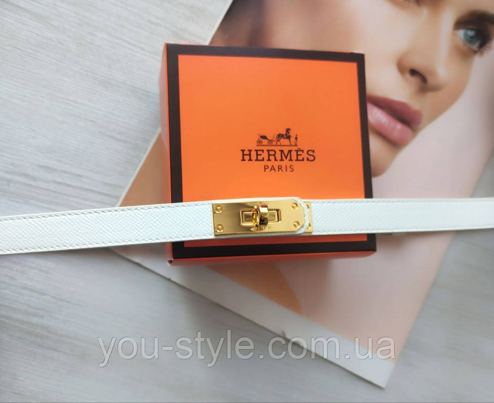 Трендовий шкіряний вузький ремінь Hermes white/gold, фото 1