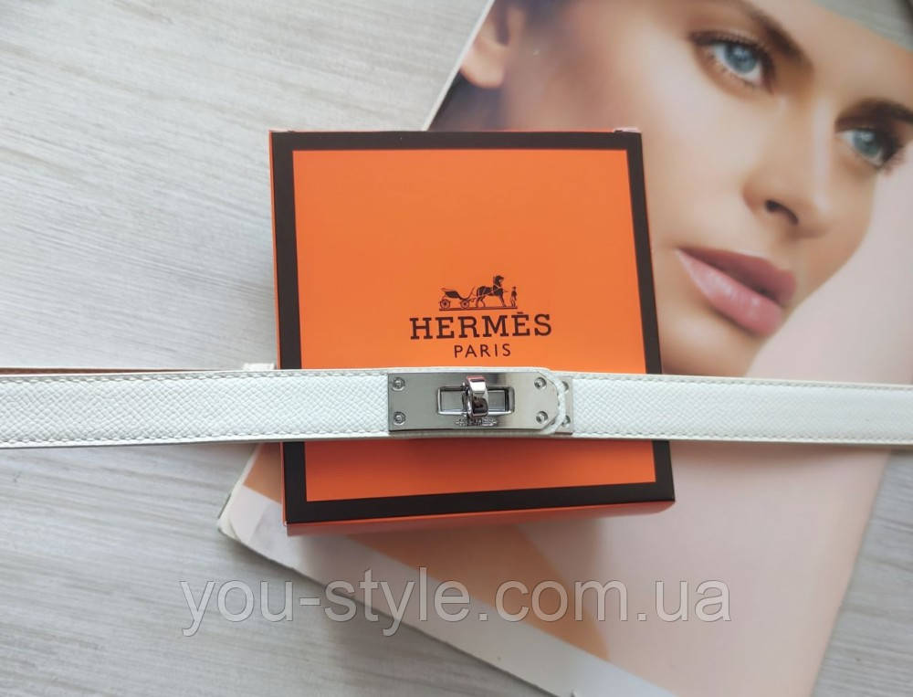 Трендовий шкіряний вузький ремінь Hermes white/silver