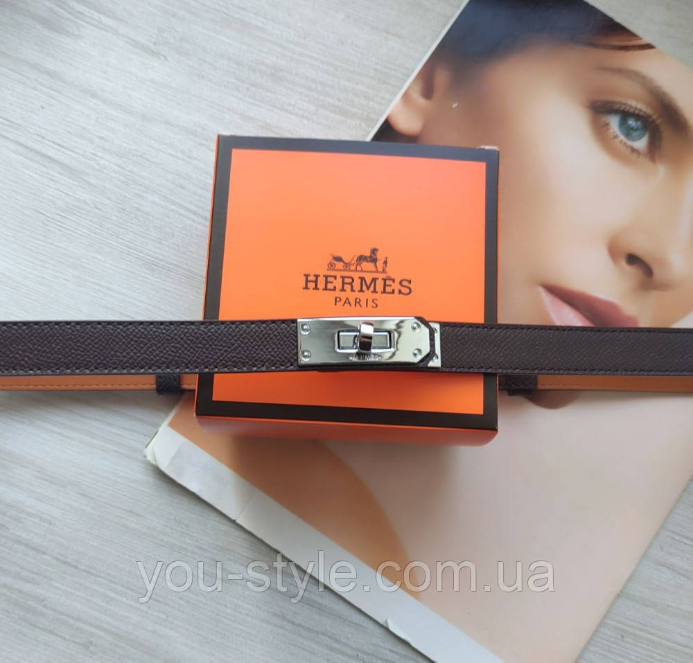 Трендовий шкіряний вузький ремінь Hermes Kelly brown/silver
