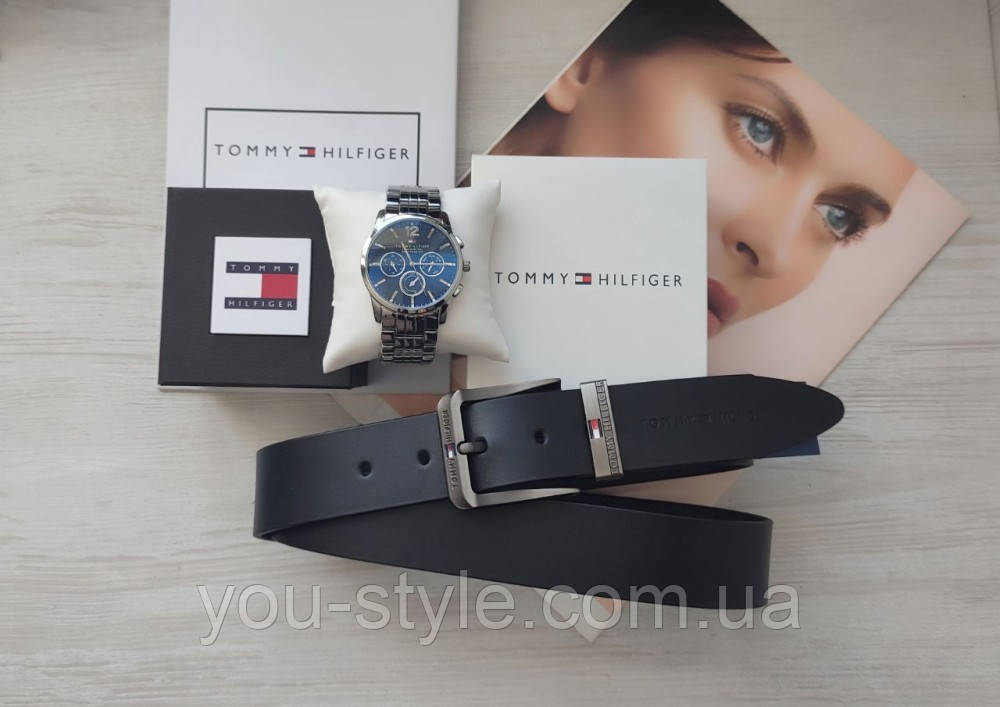 Чоловічий подарунковий набір Tommy Hilfiger годинник та шкіряний ремінь black/silver