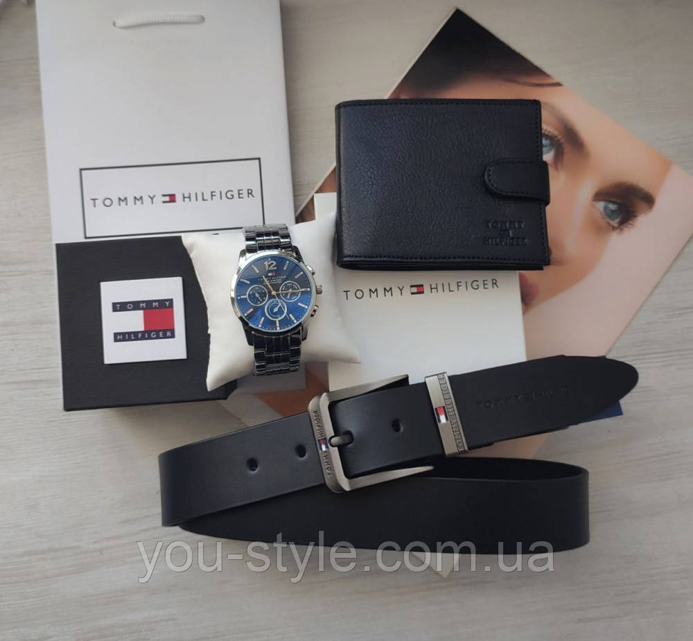 Подарунковий чоловічий набір Tommy Hilfiger годинник black/silver, шкіряний ремінь та гаманець, фото 1