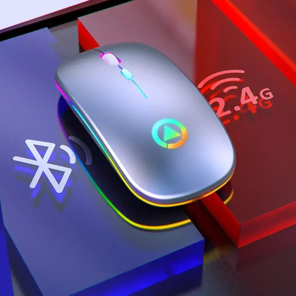 Бездротова Bluetooth + 2,4 ГГц миша акумуляторна безшумна (тиха) зі світлодіодним підсвічуванням Сірий
