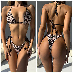 Жіночий леопардовий роздільний купальник на зав'язках