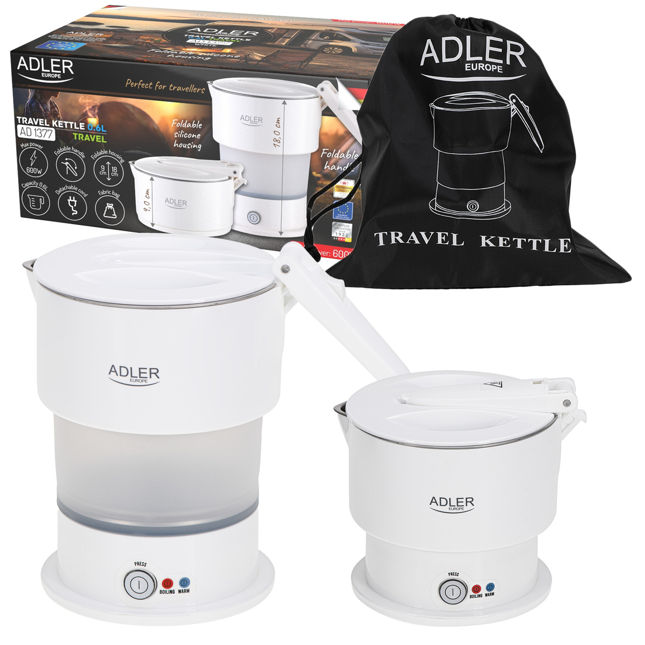 Силіконовий складаний електрочайник Adler AD 1377 White  — 0,6 л, 600 Вт, дорожній