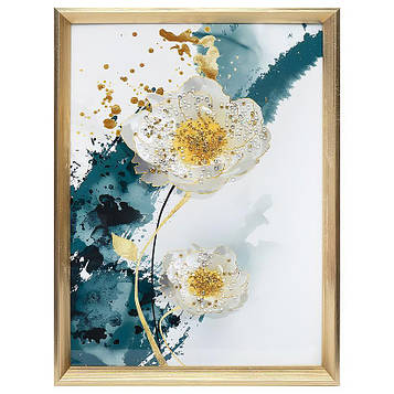 Картина з каменів для інтер'єру на стіну на кухню, спальню, зал, офіс 30х40см «Дві біло-золоті квітки»