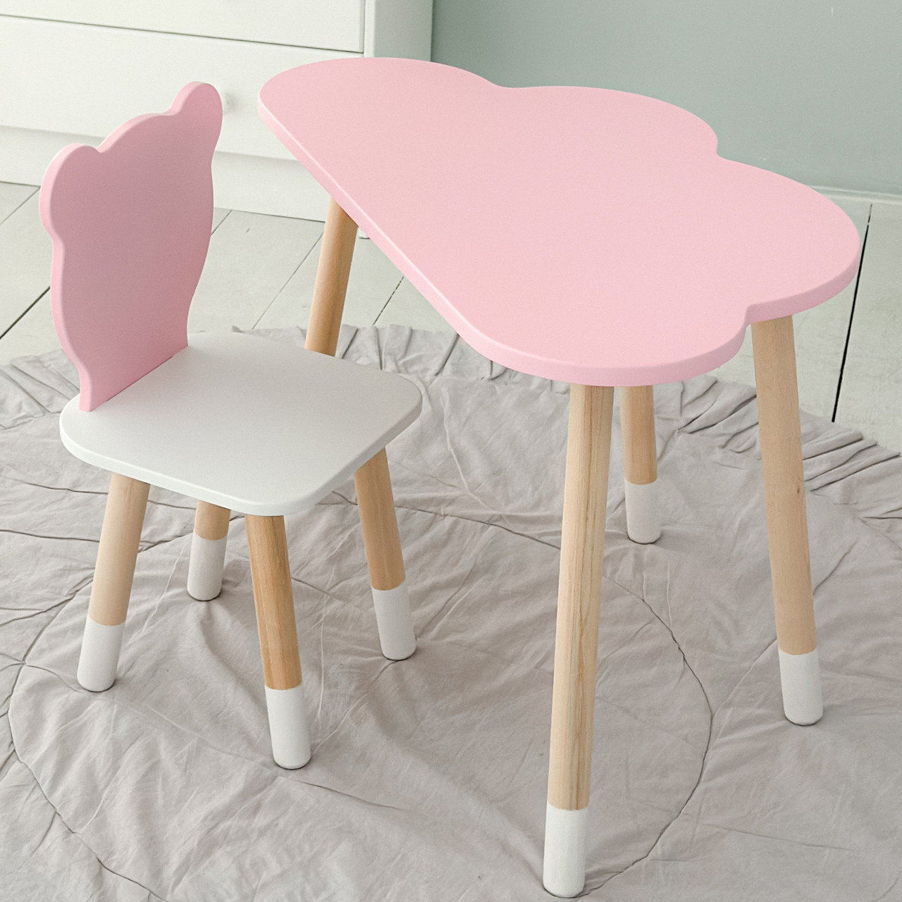 Дитячий набір меблів столик та стільчик, стіл в виді хмаринки 46х70х40, стілець в виді медвежа 26.5х26х25, рожевий з білим, фото 1