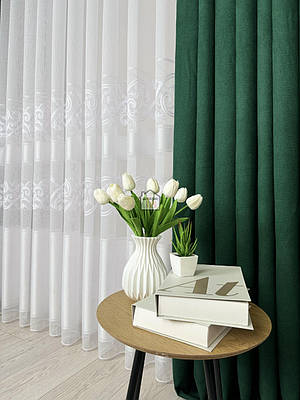 Тканина для гардини тюль бамбук зі смугою та вишитим кордом, лт43 білий