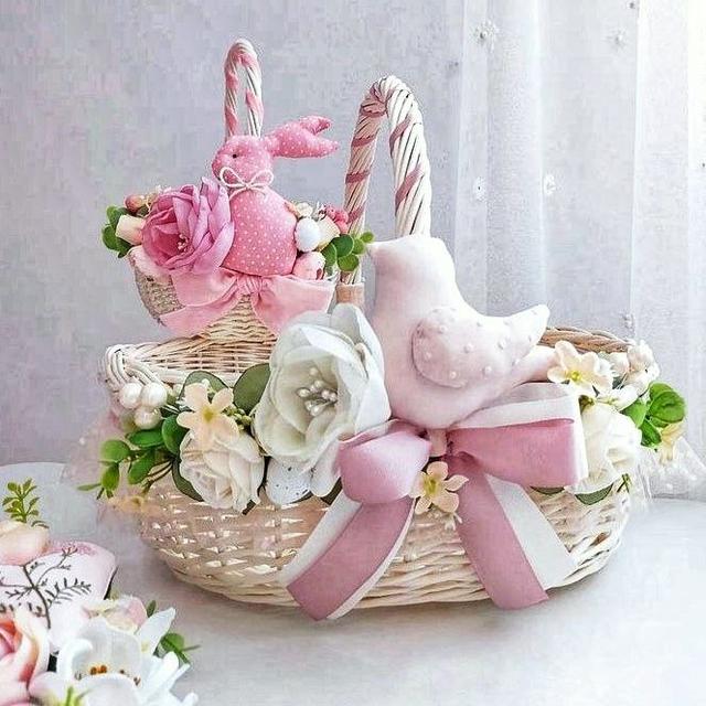 Декор великоднього кошика штучними квітами