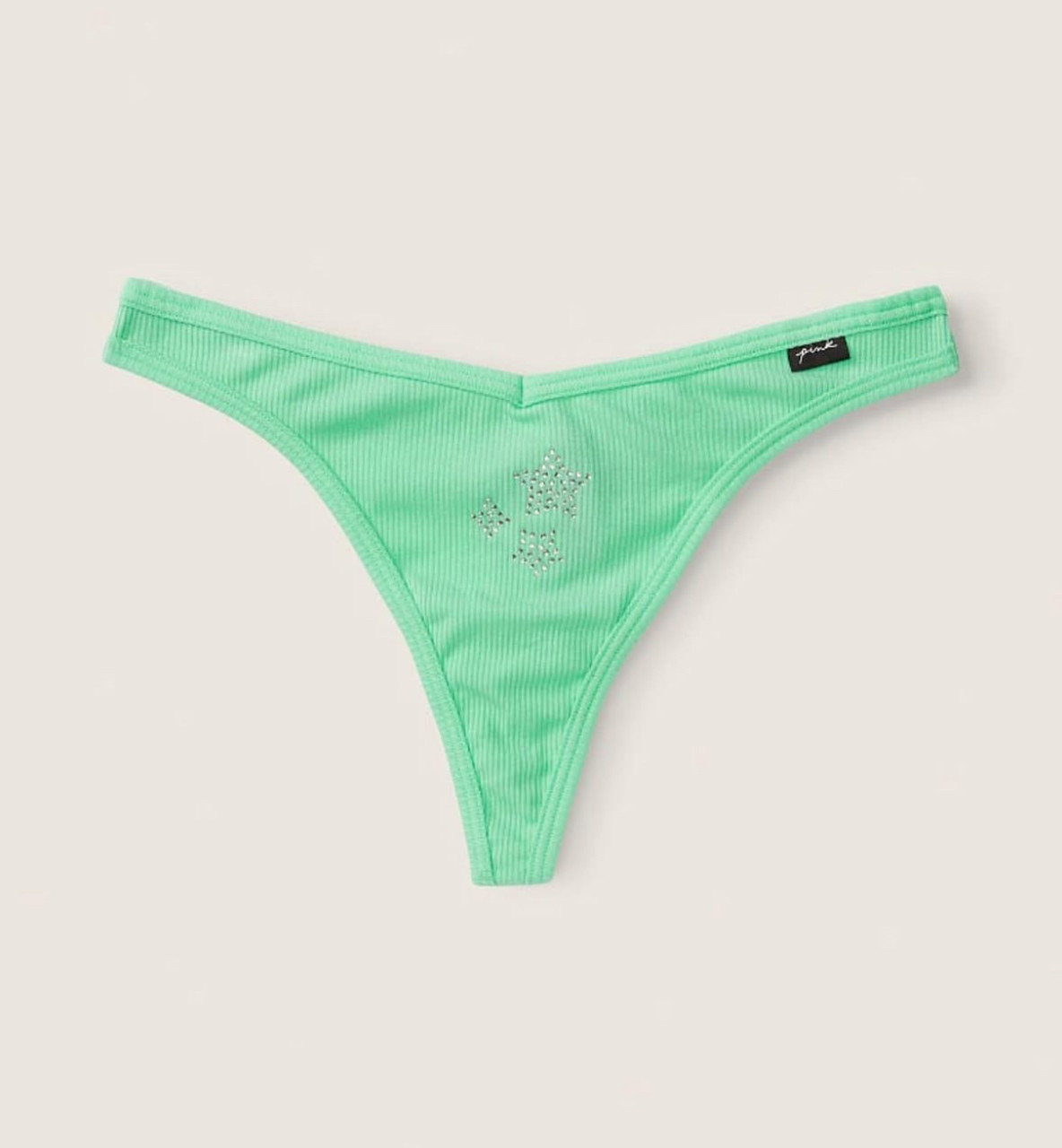 Бавовняні трусики стрінги Victoria's Secret ніжно-зелені в рубчик зі стразами (р.М)