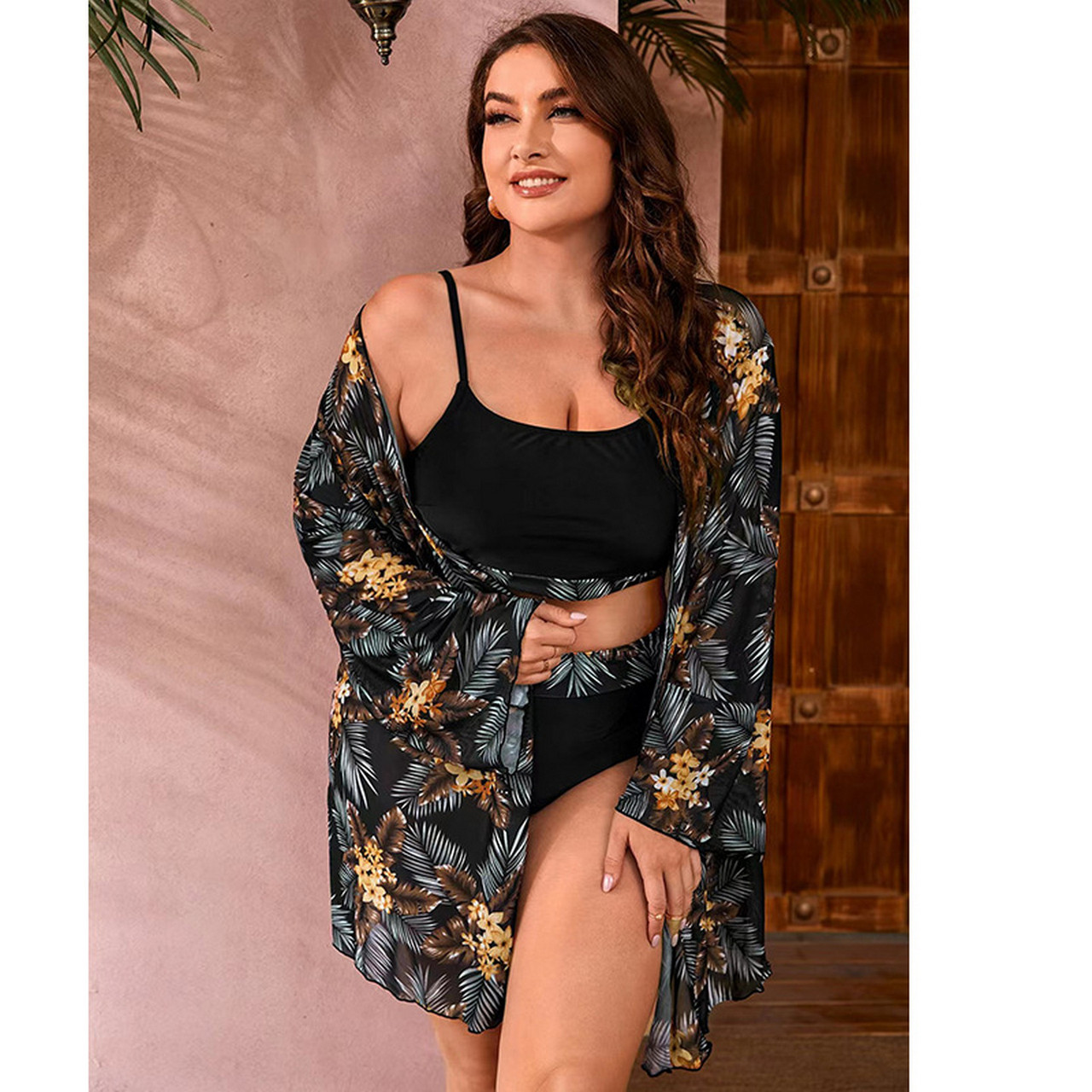 Купальник жіночий роздільний 2XL 50 чорний із тунікою-халатом тропічний принт, фото 1