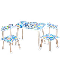 Дитячий дерев'яний столик і 2 стільчики з малюнком Зайчика блакитний колір M 501-1
