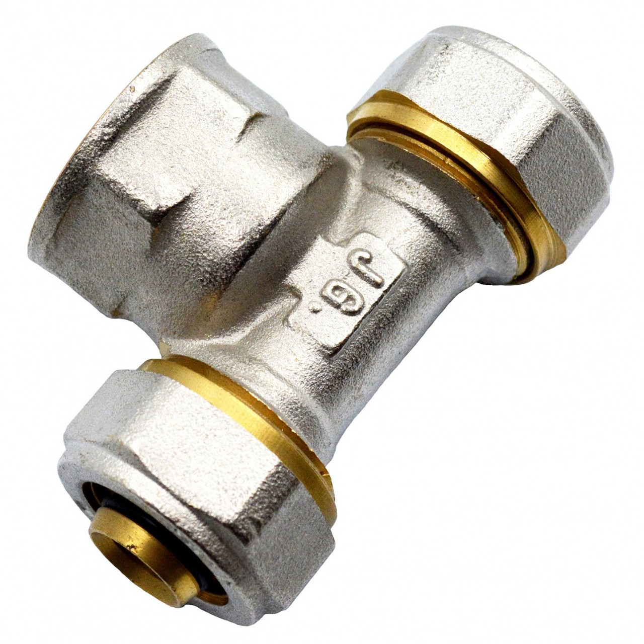 Згін американка трійник для металопластикових труб Valve J.G. АВ 16 х 1/2 х 16 з проточкою латунь