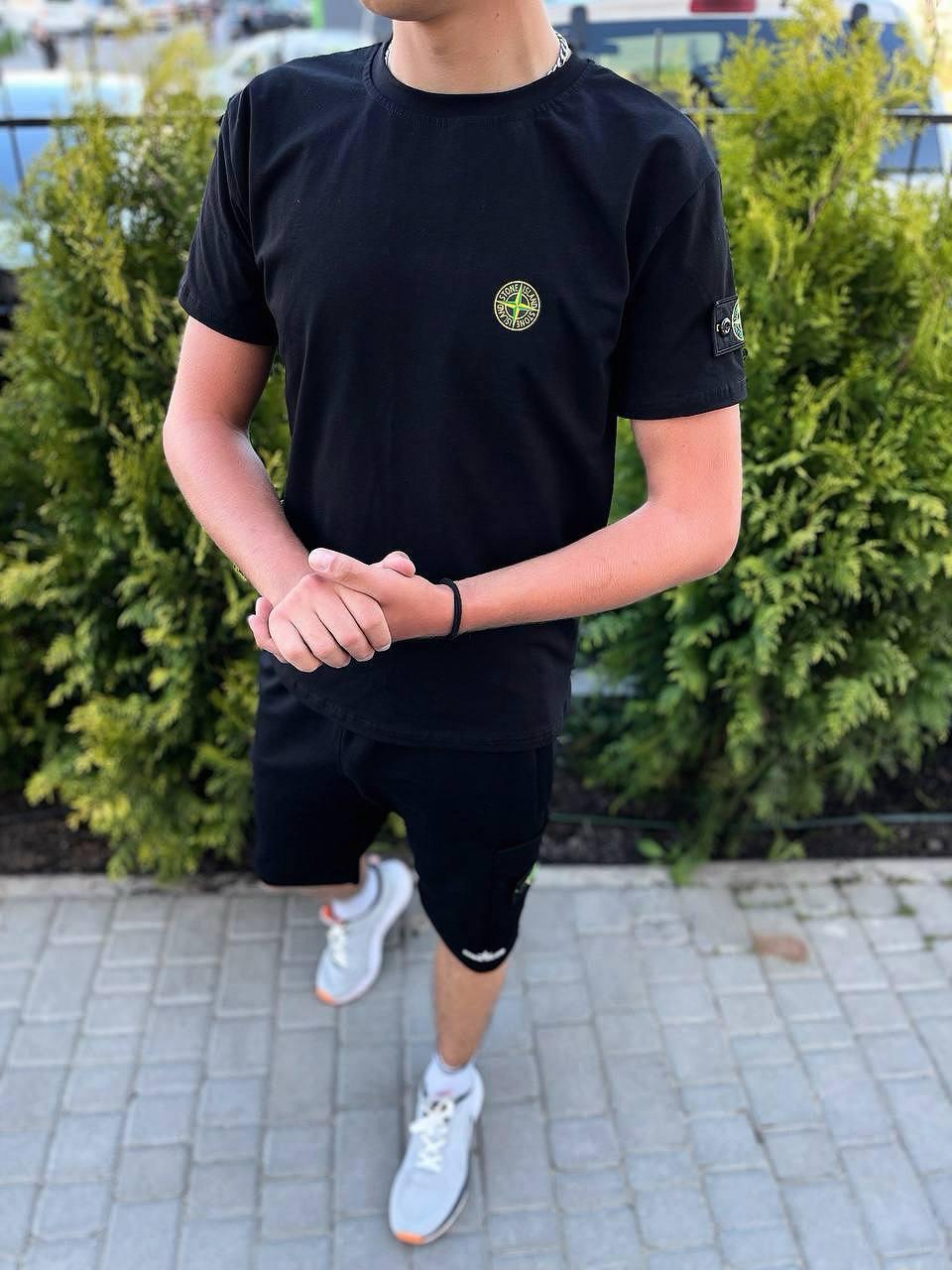 Чоловіча футболка Stone Island чорна з патчем бавовняна Стон Айленд на літо, фото 1