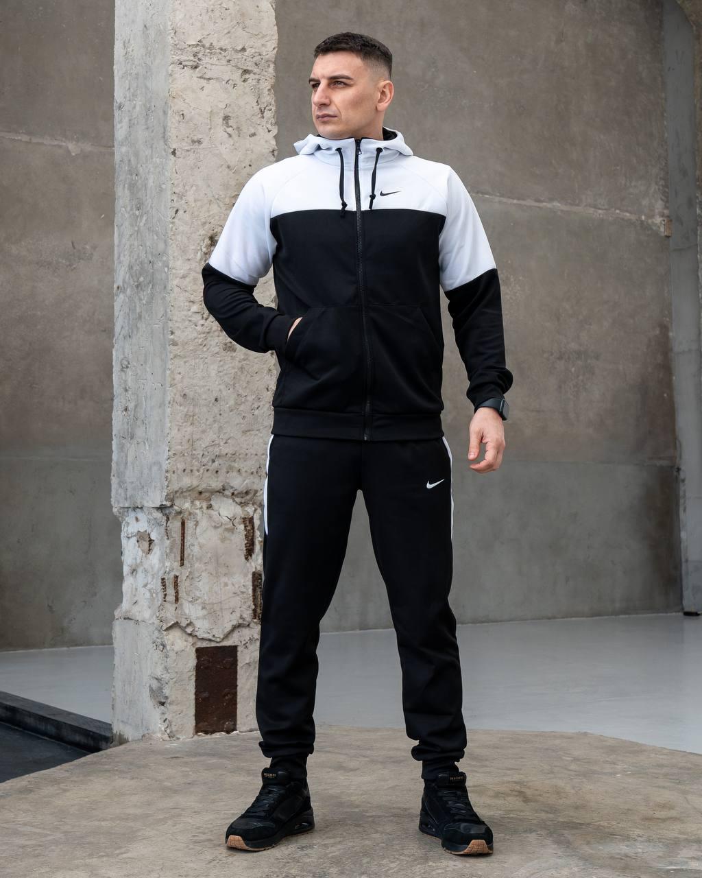 Чоловічий спортивний костюм чорний Nike з лампасами весняний осінній Найк Кофта на змійці + Штани з дайвінгу