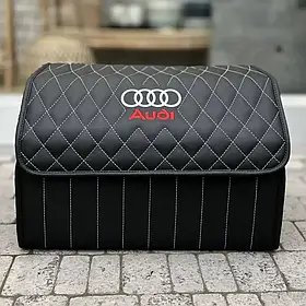 Преміум органайзер у багажник з вишивкою Audi, чорний з білою ниткою, 50 см