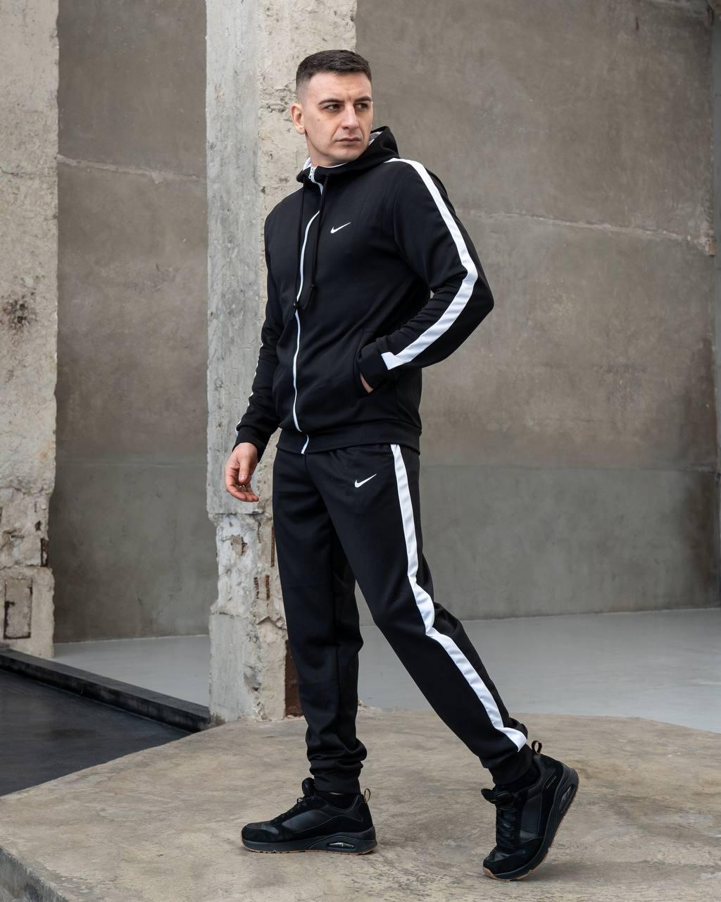 Чоловічий спортивний костюм чорний Nike з лампасами весняний осінній Найк Кофта на змійці + Штани з дайвінгу