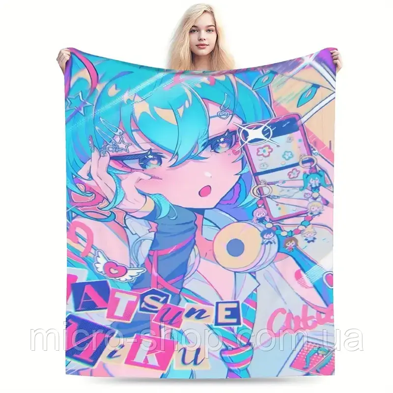 Плюшевий плед ковдра покривало Хацуне Міку Сінаморол Hatsune Miku x Cinnamoroll 150х200 см