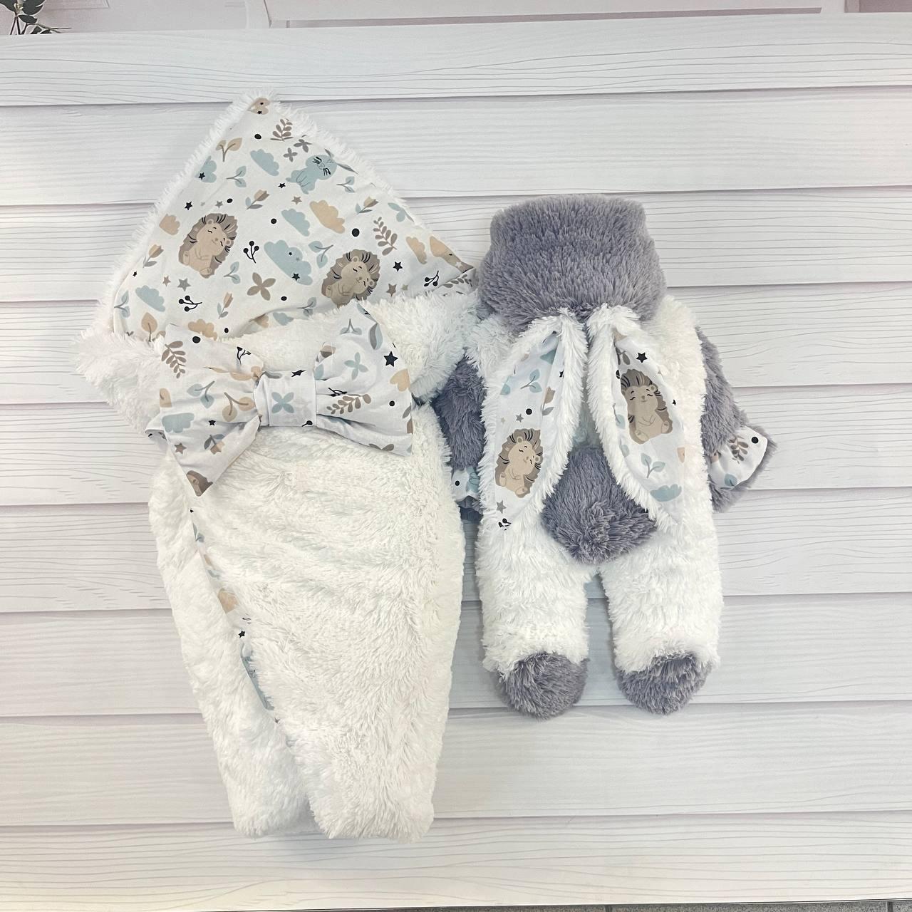 Комплект Зайчата конверт + комбінезон для новонароджених, білий із сірим, фото 1