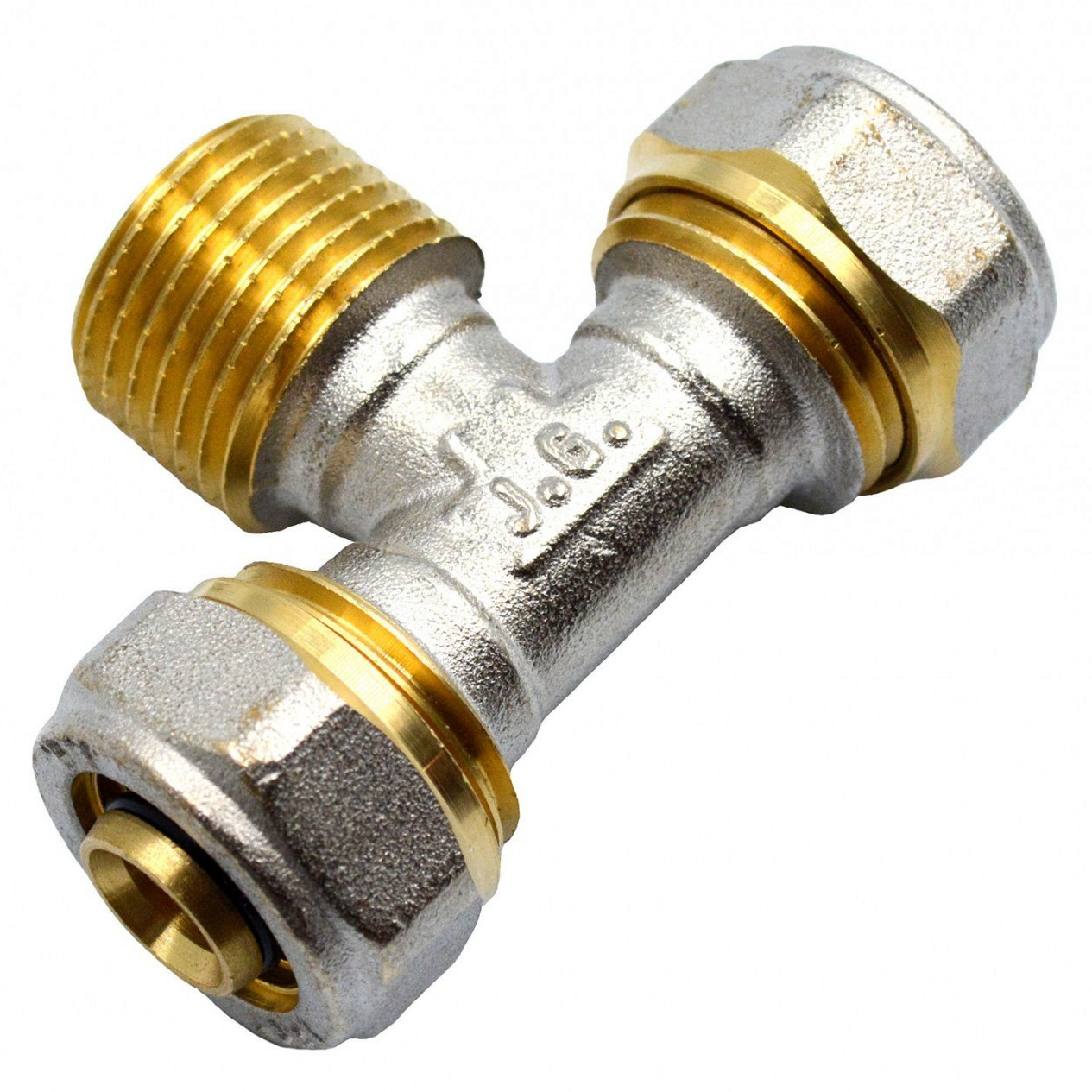 Згін американка трійник для металопластикових труб Valve J.G. АВ 16 х 1/2 х 16 з проточкою латунь