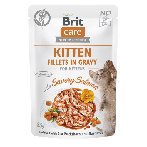 Корм вологий для кошенят Brit Care Cat Fillets in Gravy with Savory Salmon філе в соусі з лососем, пауч, 85 г (*)