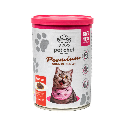 Корм вологий для дорослих котів Pet Chef, шматочки в желе М'ясний мікс 415 г (*)