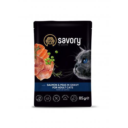 Вологий корм Savory для дорослих котів, лосось з горошком у соусі, пауч, 85 г (*)