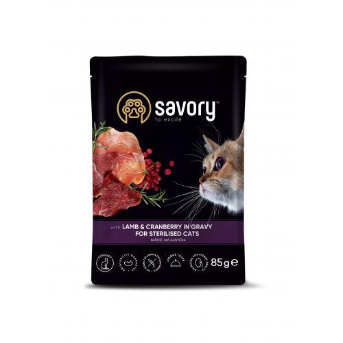 Вологий корм Savory для стерилізованих котів, ягня з журавлиною у соусі, пауч, 85 г (*), фото 1