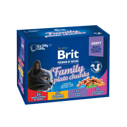 Набір вологих кормів Brit Premium Cat Pouch «Сімейна тарілка» для котів, асорті із 4 смаків, 12 шт х 100 г (*)