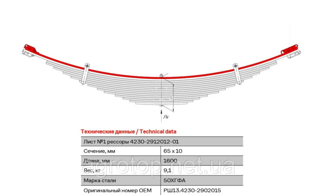Лист ресори №1 задній передній ПАЗ, ГАЗ 3308 (вир-во КАМАХ) КМ4230-2902015, фото 1
