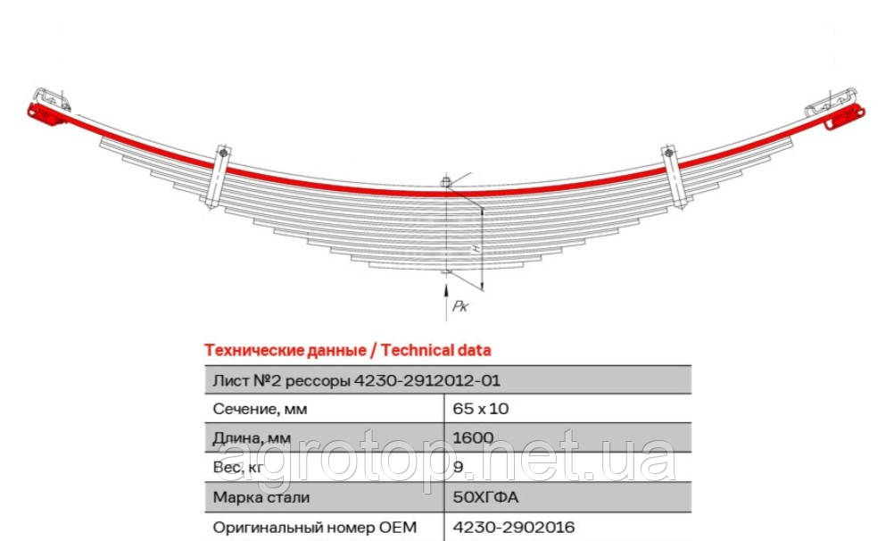 Лист ресори №2 задній передній  ПАЗ, ГАЗ 3308  (вир-во КАМАХ) КМ4230-2902016